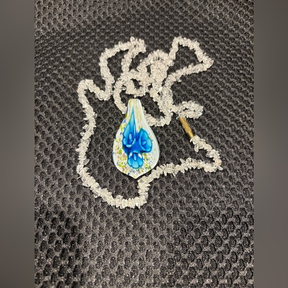 Delicate Floral Teardrop Glass Pendant Necklace with Vibrant Blue Flowers - Picture 12 of 12